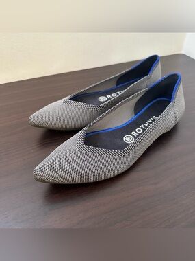 Rothy's Gray Pointed Toe Flats with Blue Trim